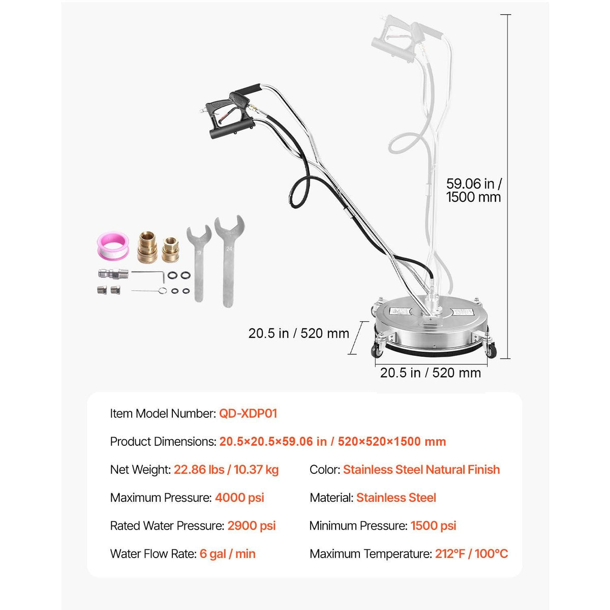 20" Pressure Washer Surface Cleaner, Stainless Steel Pressure Washer Attachments with 4 Wheels, 4500 Max PSI, 3/8 Quick Connector, 2 Spray Nozzles, Dual Handle, for Concrete, Patio, Sidewalk