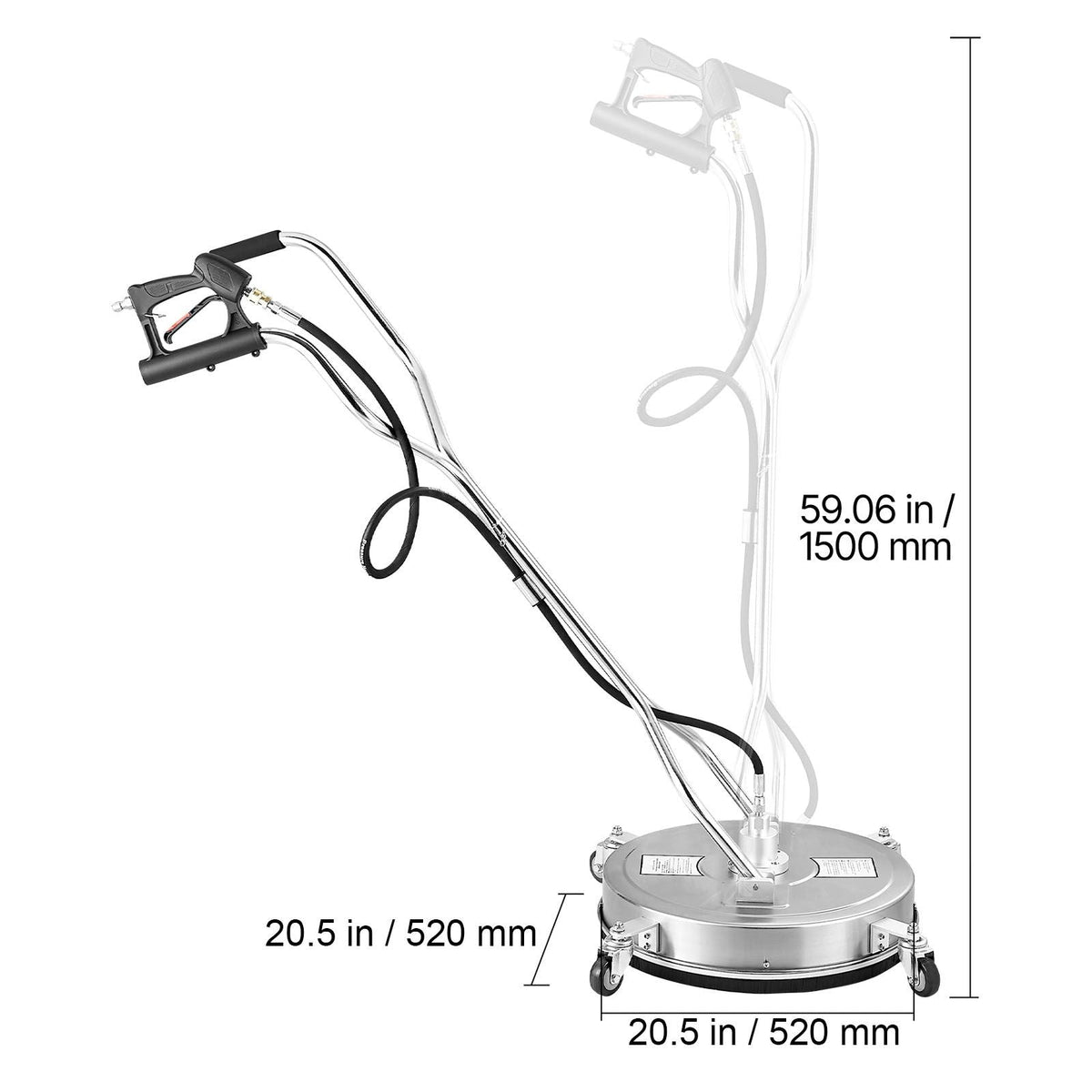 20" Pressure Washer Surface Cleaner, Stainless Steel Pressure Washer Attachments with 4 Wheels, 4500 Max PSI, 3/8 Quick Connector, 2 Spray Nozzles, Dual Handle, for Concrete, Patio, Sidewalk