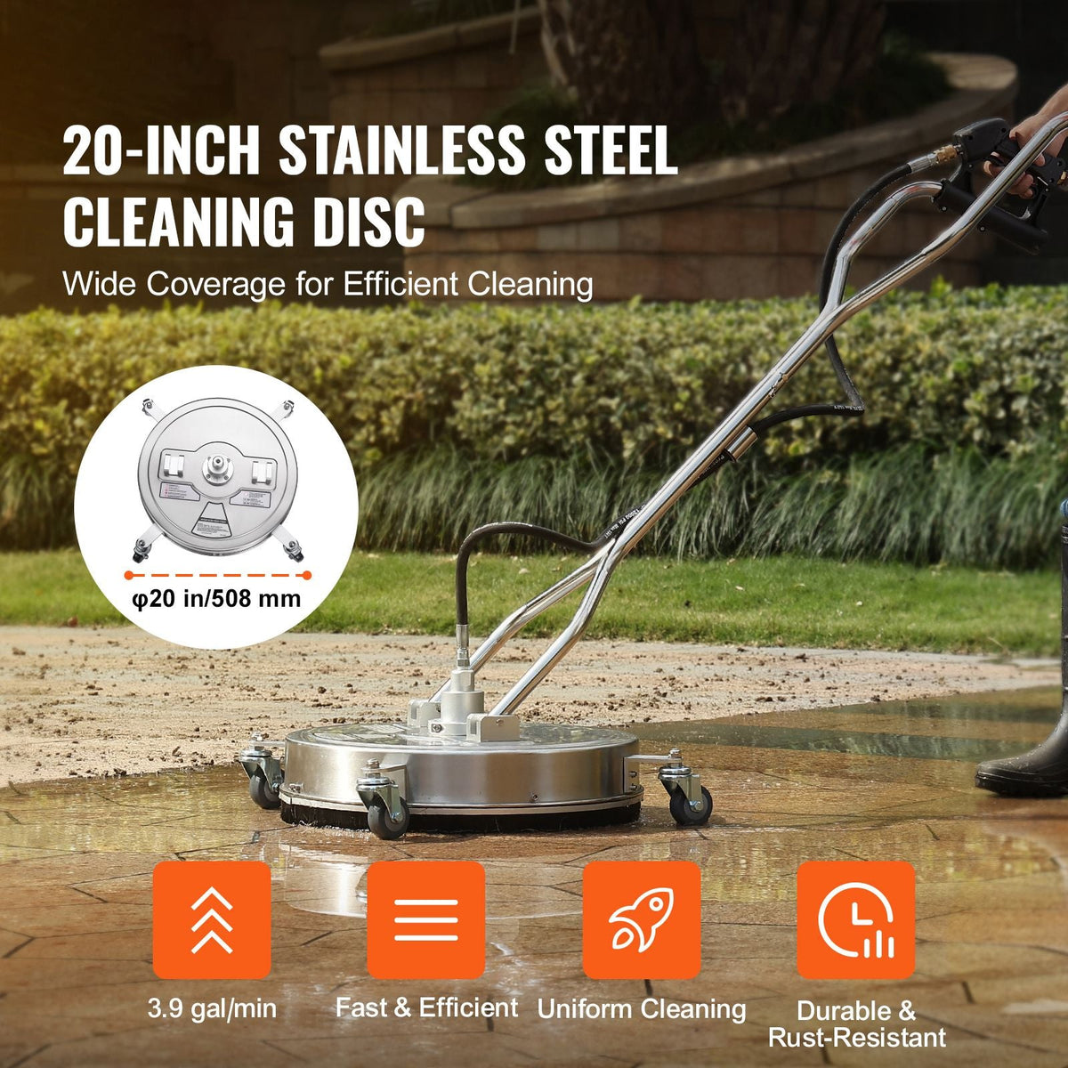 20" Pressure Washer Surface Cleaner w/ Handles & Wheels, Stainless Steel Concrete Cleaner 4500 Max PSI , 3/8"Connector & 1/4" Adapter Power Washer Floor Attachment,For Floor Driveway, Patio