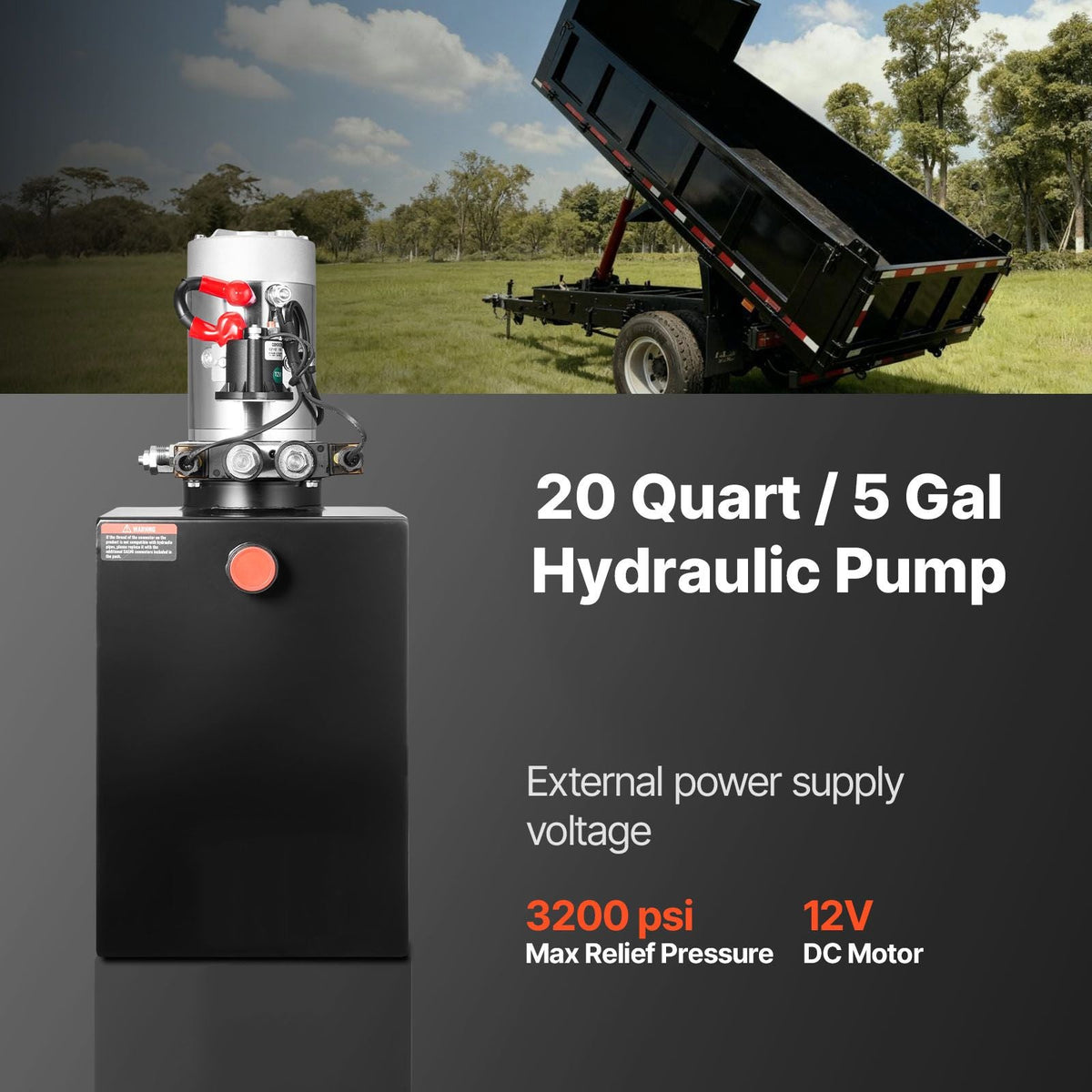 20 Quart Hydraulic Power Unit, Double Acting Dump Trailer Pump, 3200 PSI Max Relief Pressure & 0.91 GPM Flow Rate, DC 12V Hydraulic Pump with Metal Reservoir for Dump Trailer Car Lifting