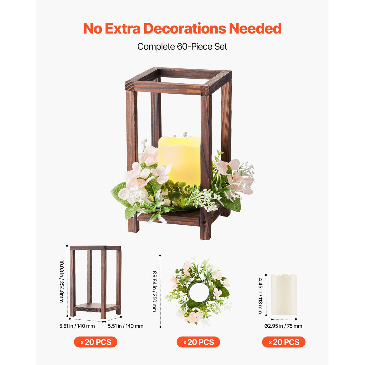 20 Set/60 Pcs Wooden Wedding Lantern Centerpiece, Includes 20 Wooden Lantern Candle Holder 20 Flameless LED Candle 20 Champagne Flower Wreath for Wedding Table Party Farmhouse Decor, Brown