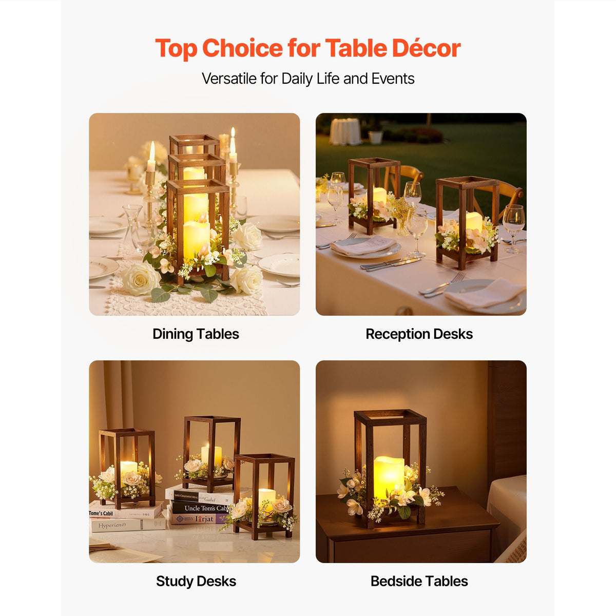 20 Set/60 Pcs Wooden Wedding Lantern Centerpiece, Includes 20 Wooden Lantern Candle Holder 20 Flameless LED Candle 20 Champagne Flower Wreath for Wedding Table Party Farmhouse Decor, Brown
