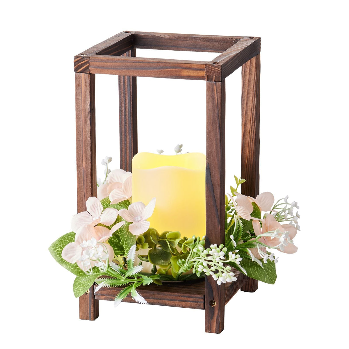 20 Set/60 Pcs Wooden Wedding Lantern Centerpiece, Includes 20 Wooden Lantern Candle Holder 20 Flameless LED Candle 20 Champagne Flower Wreath for Wedding Table Party Farmhouse Decor, Brown
