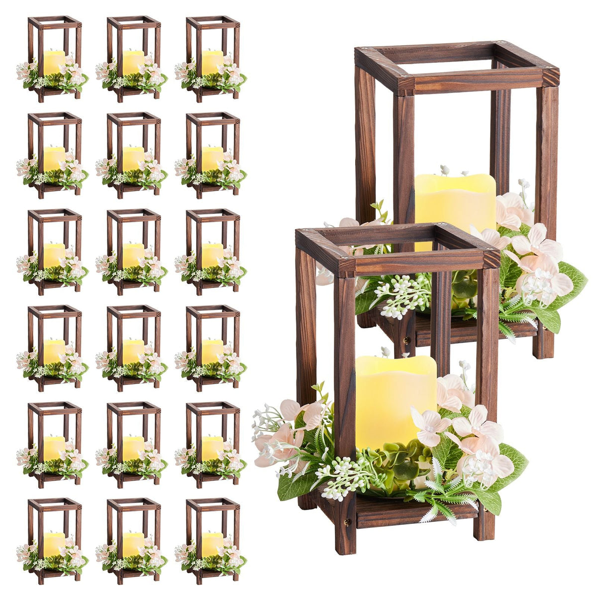 20 Set/60 Pcs Wooden Wedding Lantern Centerpiece, Includes 20 Wooden Lantern Candle Holder 20 Flameless LED Candle 20 Champagne Flower Wreath for Wedding Table Party Farmhouse Decor, Brown