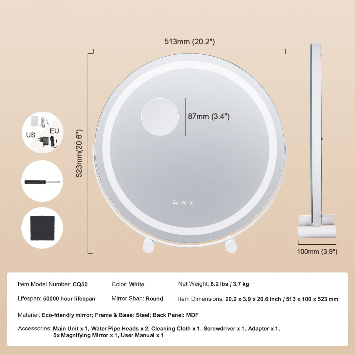 20' Vanity Mirror With Lights, LED Makeup Mirror 3 Color Lighting Modes, with 5X Magnification Mirror, Smart Touch Control, 360°Rotation,Round Lighted Makeup Mirror for Bedroom Tabletop (White)