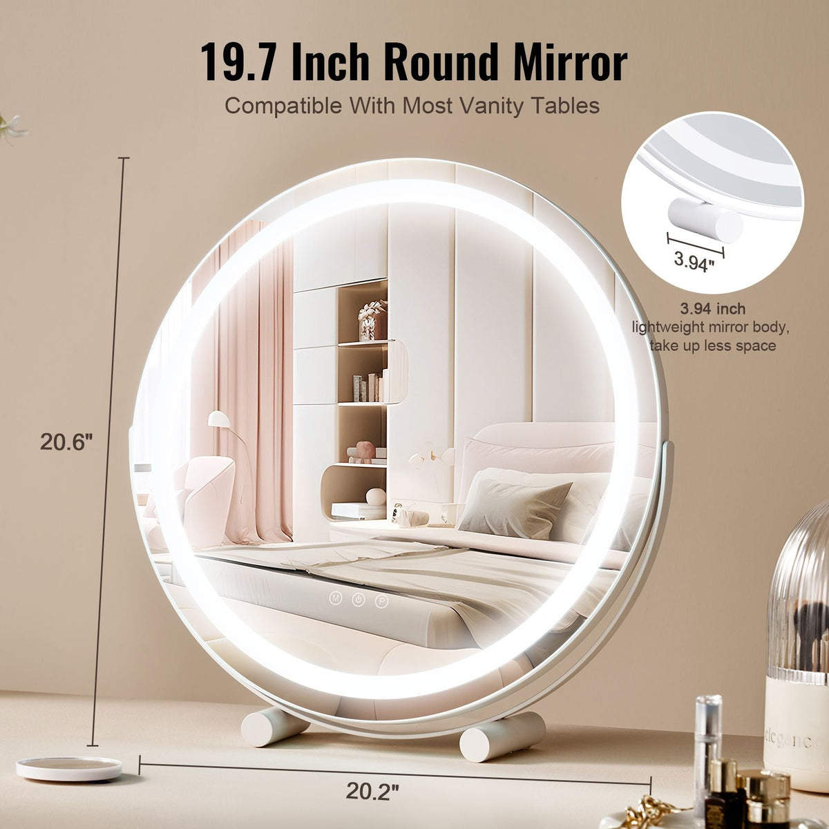 20' Vanity Mirror With Lights, LED Makeup Mirror 3 Color Lighting Modes, with 5X Magnification Mirror, Smart Touch Control, 360°Rotation,Round Lighted Makeup Mirror for Bedroom Tabletop (White)