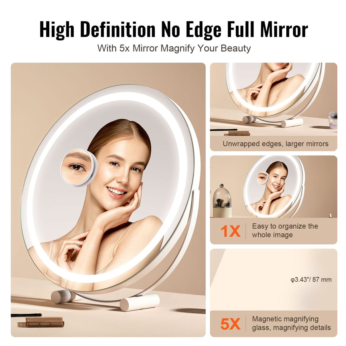 20' Vanity Mirror With Lights, LED Makeup Mirror 3 Color Lighting Modes, with 5X Magnification Mirror, Smart Touch Control, 360°Rotation,Round Lighted Makeup Mirror for Bedroom Tabletop (White)