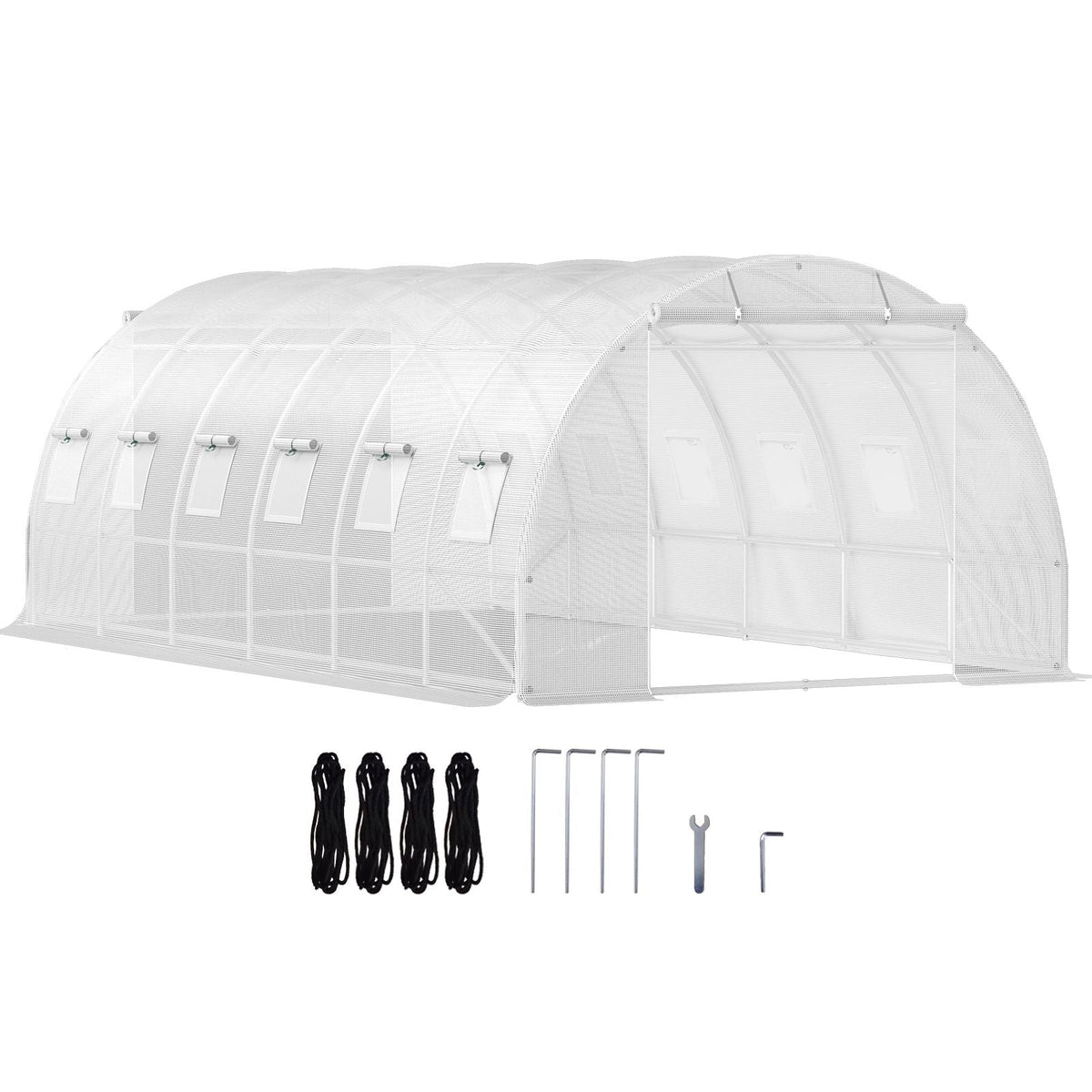 20 x 10 x 7 ft Walk-in Tunnel Greenhouse, Portable Plant Hot House with Galvanized Steel Hoops, 3 Top Beams, Diagonal Poles, 2 Zippered Doors & 12 Roll-up Windows, White