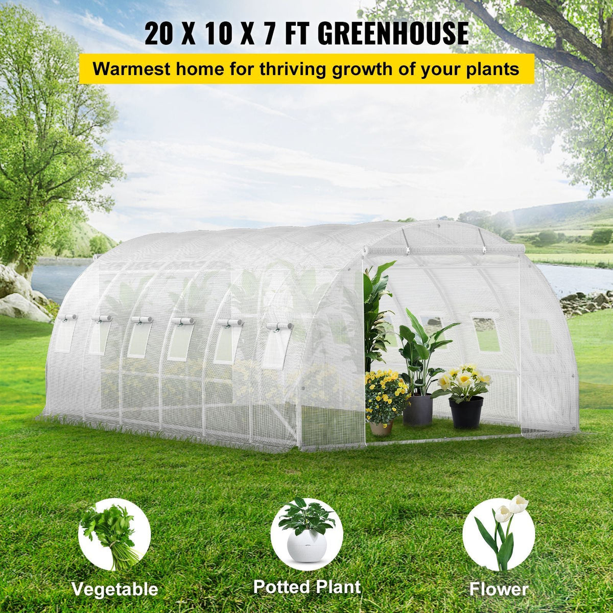 20 x 10 x 7 ft Walk-in Tunnel Greenhouse, Portable Plant Hot House with Galvanized Steel Hoops, 3 Top Beams, Diagonal Poles, 2 Zippered Doors & 12 Roll-up Windows, White