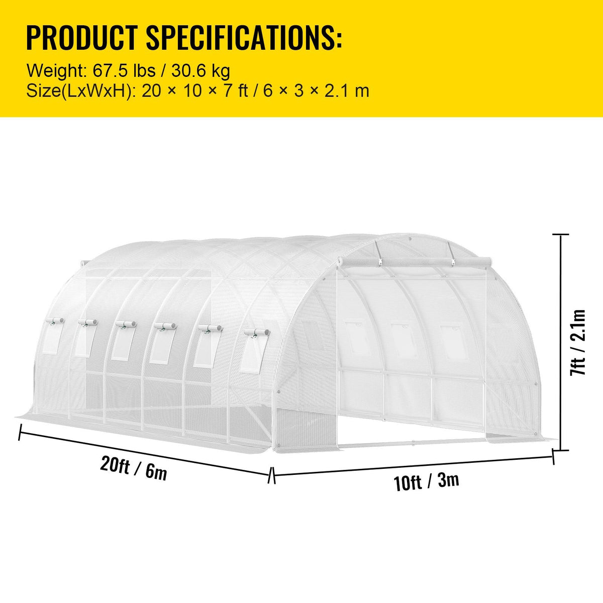 20 x 10 x 7 ft Walk-in Tunnel Greenhouse, Portable Plant Hot House with Galvanized Steel Hoops, 3 Top Beams, Diagonal Poles, 2 Zippered Doors & 12 Roll-up Windows, White
