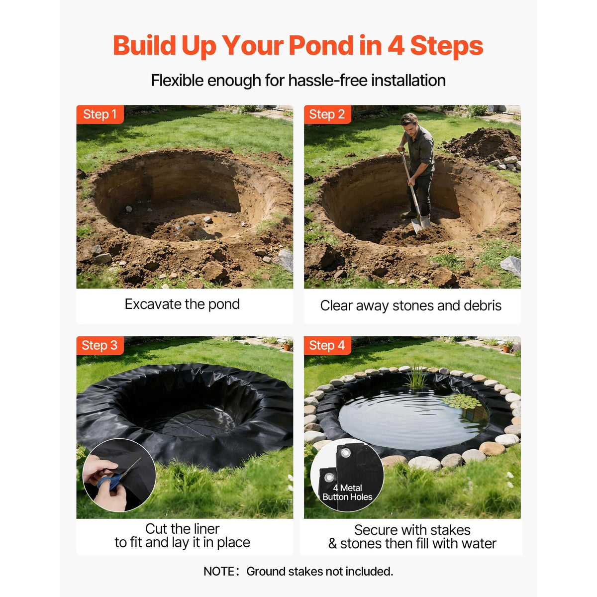 20 x 25 ft Pond Liner, 14 Mil Thickness, 3-Layer Reinforced PE Fish Koi Pond Liner for Outdoor Ponds, with Hemmed Edge and 4 Metal Buttonholes, for Water Garden, Waterfall, and Fountains, Black