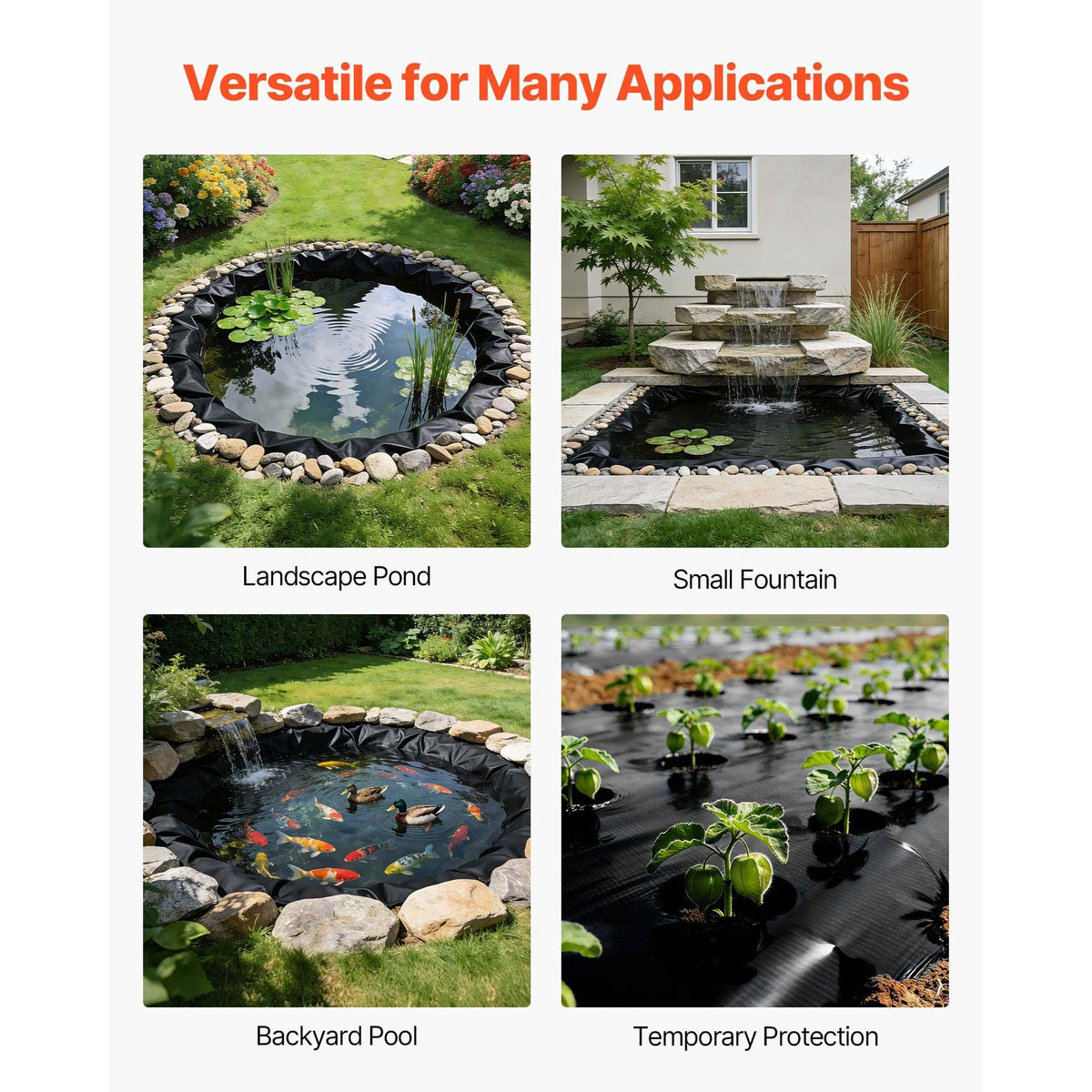 20 x 25 ft Pond Liner, 14 Mil Thickness, 3-Layer Reinforced PE Fish Koi Pond Liner for Outdoor Ponds, with Hemmed Edge and 4 Metal Buttonholes, for Water Garden, Waterfall, and Fountains, Black
