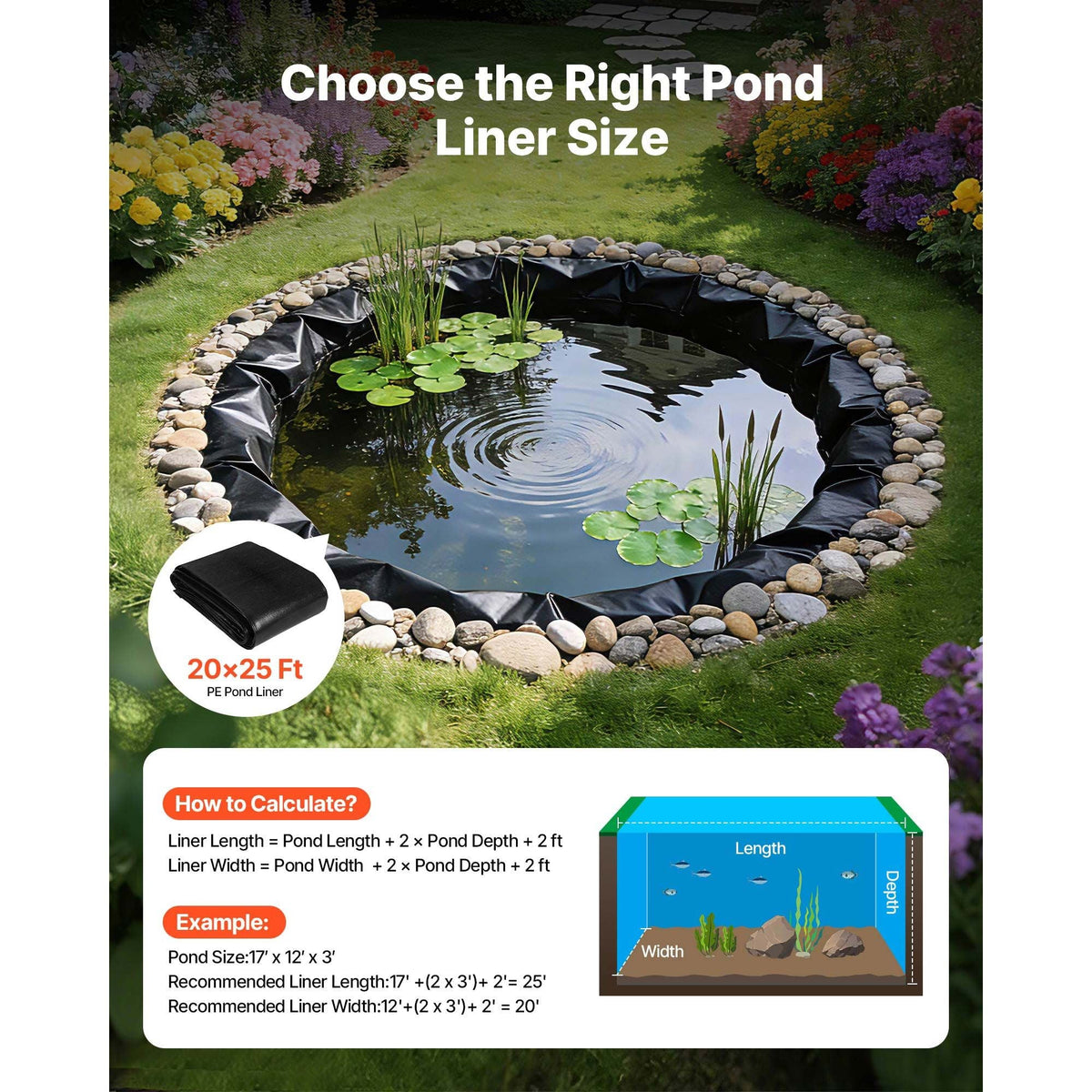 20 x 25 ft Pond Liner, 14 Mil Thickness, 3-Layer Reinforced PE Fish Koi Pond Liner for Outdoor Ponds, with Hemmed Edge and 4 Metal Buttonholes, for Water Garden, Waterfall, and Fountains, Black