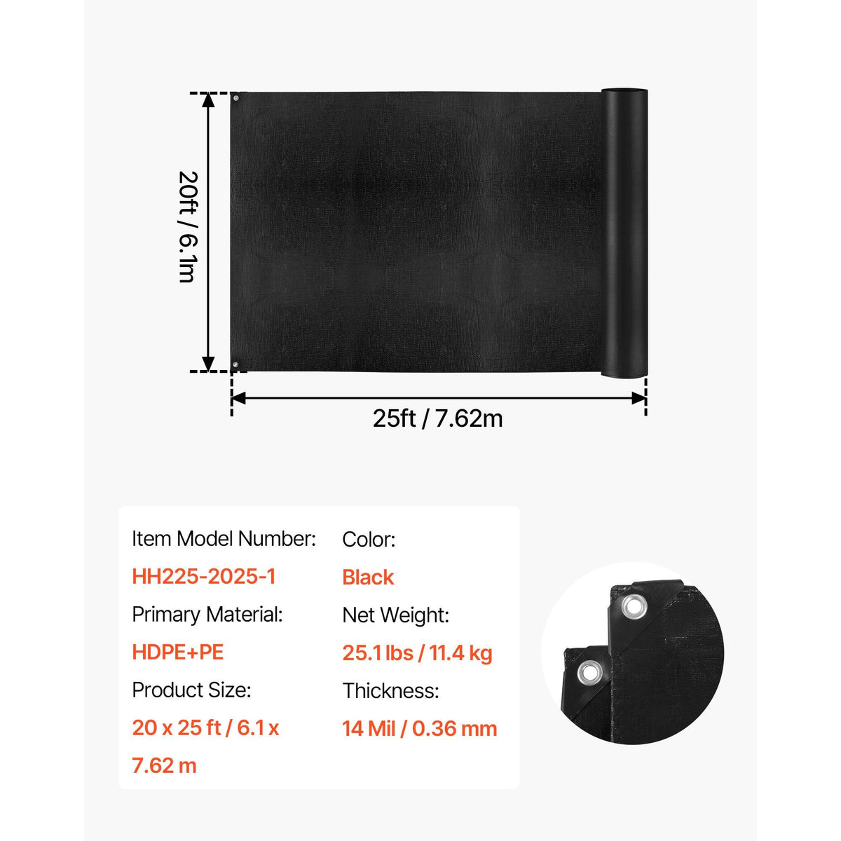 20 x 25 ft Pond Liner, 14 Mil Thickness, 3-Layer Reinforced PE Fish Koi Pond Liner for Outdoor Ponds, with Hemmed Edge and 4 Metal Buttonholes, for Water Garden, Waterfall, and Fountains, Black