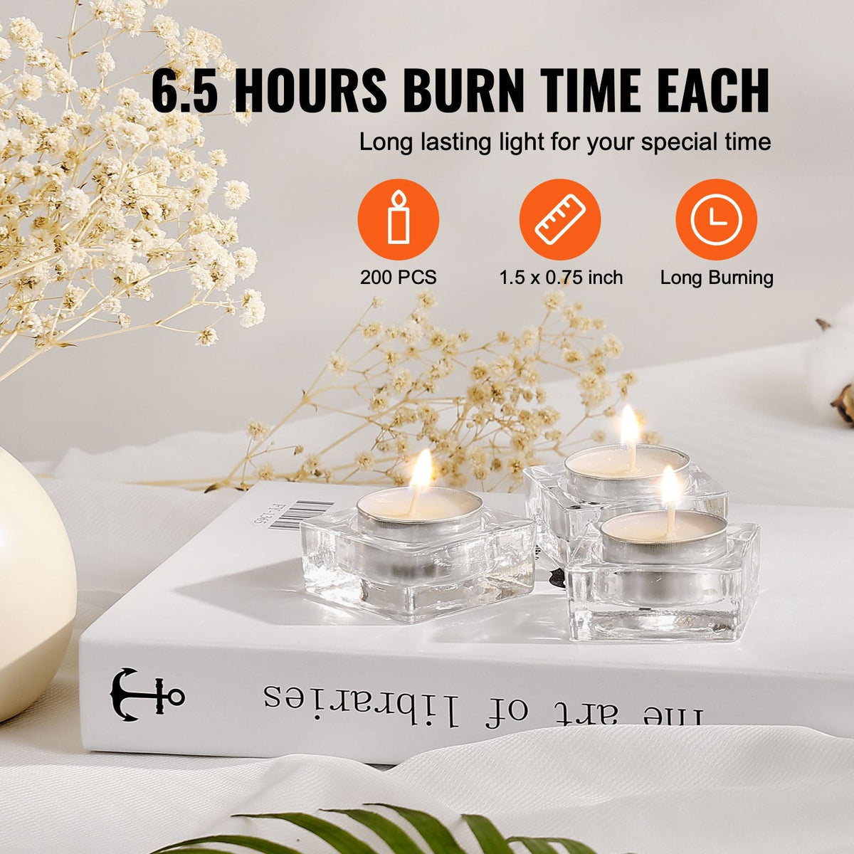 200 Pack Unscented Tea Lights Candles 6.5 Hours Long Burning Smokeless Tealight Candles, Dripless with Aluminum Cups, Natural Palm Wax Votive Candles for Home, Weddings, Christmas, White
