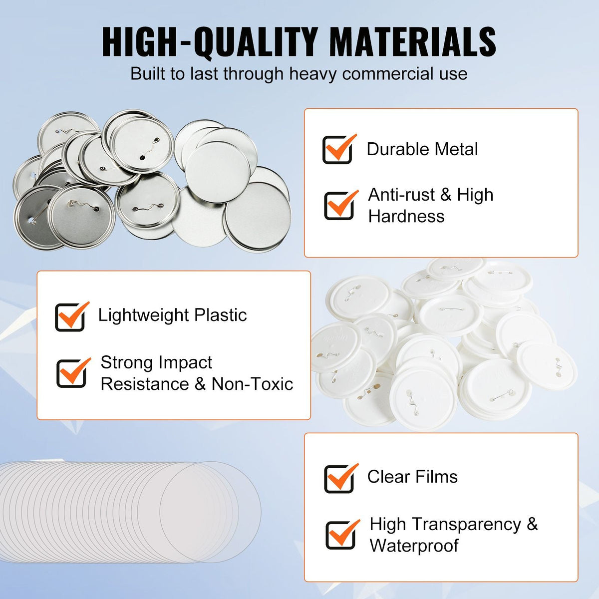 200 Sets 3 inch 75mm Pin Back Button Parts, DIY Round Button Badge Parts, Set Includes Metal Top, Plastic/Metal Button, Clear Film, and Blank Paper For Gifts Presents, Machine NOT Included