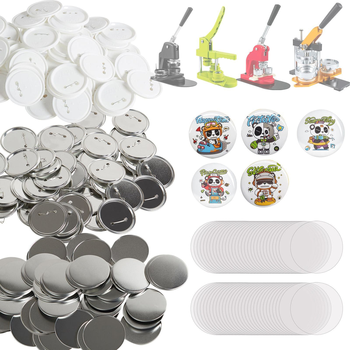 200 Sets 3 inch 75mm Pin Back Button Parts, DIY Round Button Badge Parts, Set Includes Metal Top, Plastic/Metal Button, Clear Film, and Blank Paper For Gifts Presents, Machine NOT Included