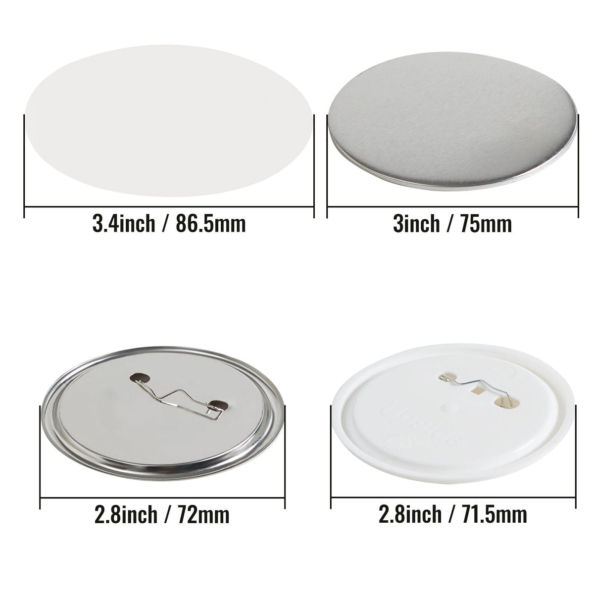 200 Sets 3 inch 75mm Pin Back Button Parts, DIY Round Button Badge Parts, Set Includes Metal Top, Plastic/Metal Button, Clear Film, and Blank Paper For Gifts Presents, Machine NOT Included