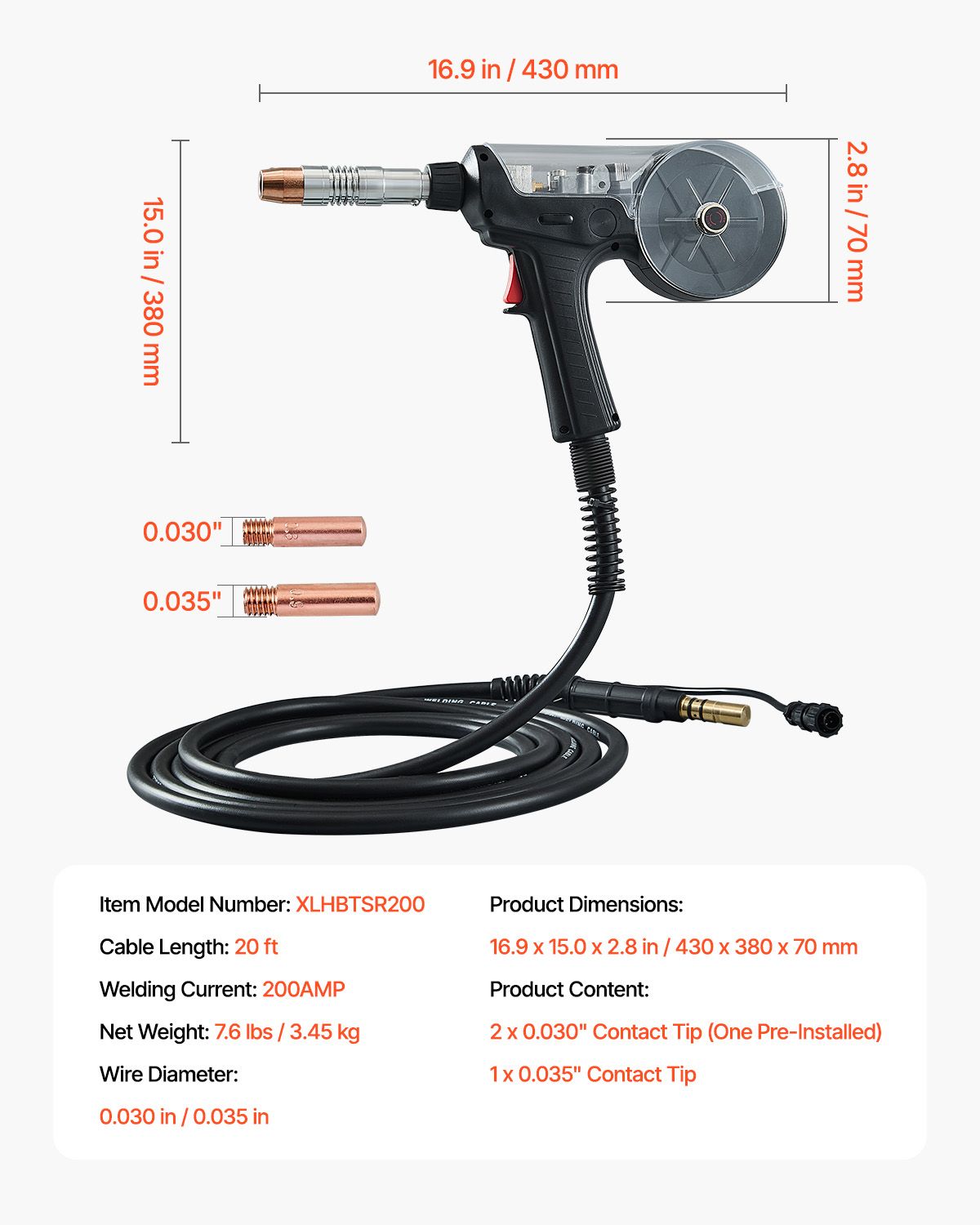200Amp Spool Gun with 20FT Cable, Compatible with Hobart lronMan 240 Mig Welders, Suitable for 0.030" and 0.035" Flux Core/Solid/Aluminum Welding Wires