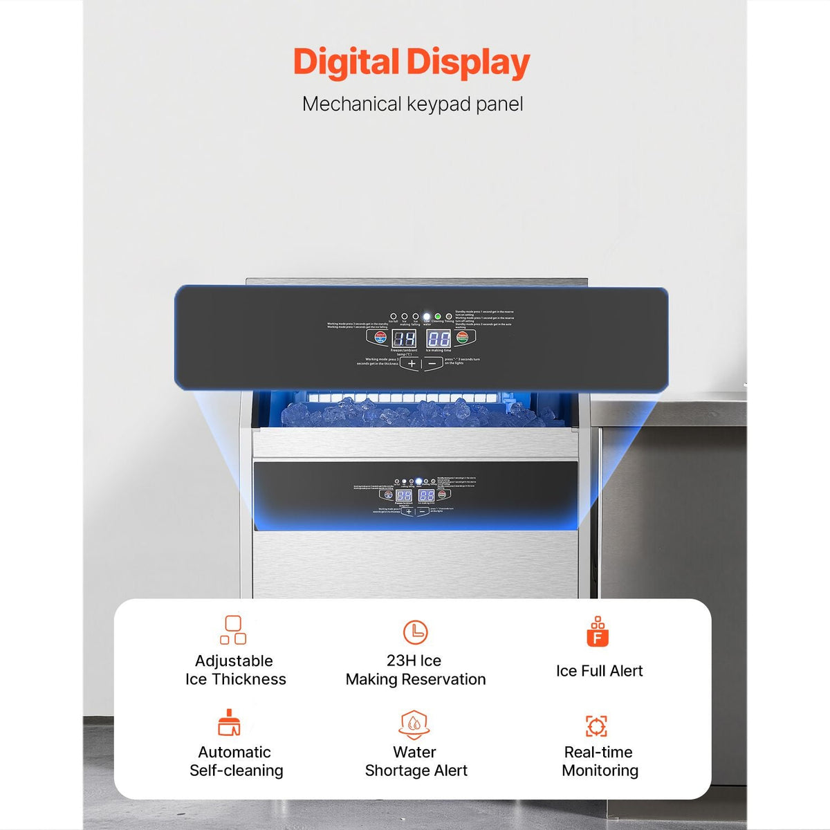 200lbs/24H Commercial Ice Maker Machine, 66lbs Storage Capacity Ice Maker with Drain Pump, 108 Ice Cubes in 15 Minutes, LED Digital Display Freestanding Self-Cleaning for Bar Office Restaurant