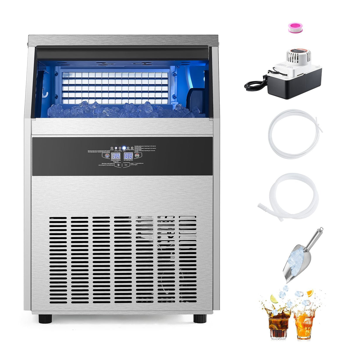 200lbs/24H Commercial Ice Maker Machine, 66lbs Storage Capacity Ice Maker with Drain Pump, 108 Ice Cubes in 15 Minutes, LED Digital Display Freestanding Self-Cleaning for Bar Office Restaurant