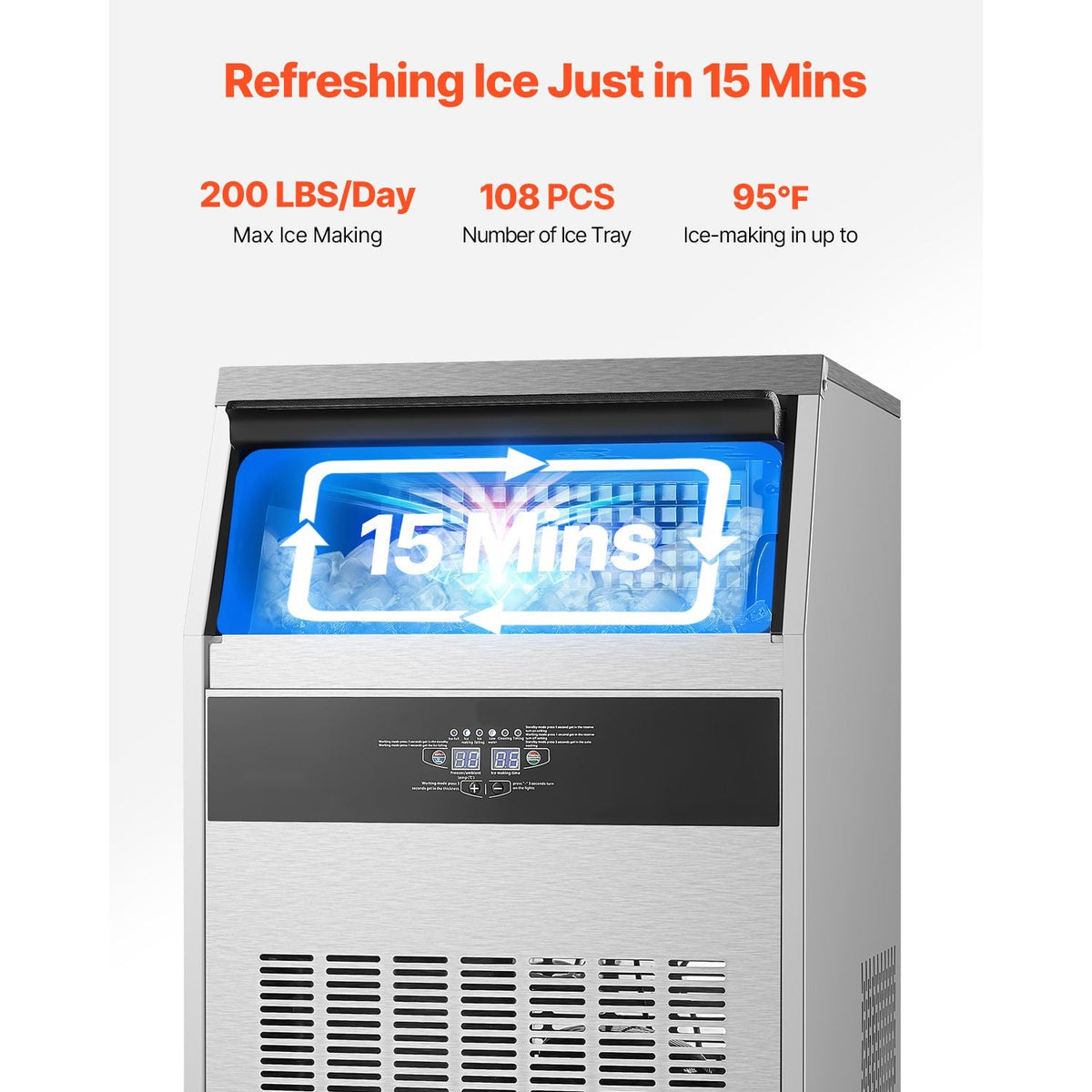 200lbs/24H Commercial Ice Maker Machine, 66lbs Storage Capacity Ice Maker with Drain Pump, 108 Ice Cubes in 15 Minutes, LED Digital Display Freestanding Self-Cleaning for Bar Office Restaurant