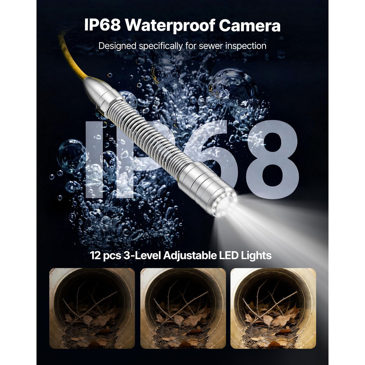 2026 Upgraded Sewer Camera with WiFi, 164ft/50m Drain Pipeline Camera, IP68 Snake Plumbing Cameras with Light - 12 LEDS, Wireless WiFi Connectivity to Phone/Tablet for Sewer Duct Pipe Inspection