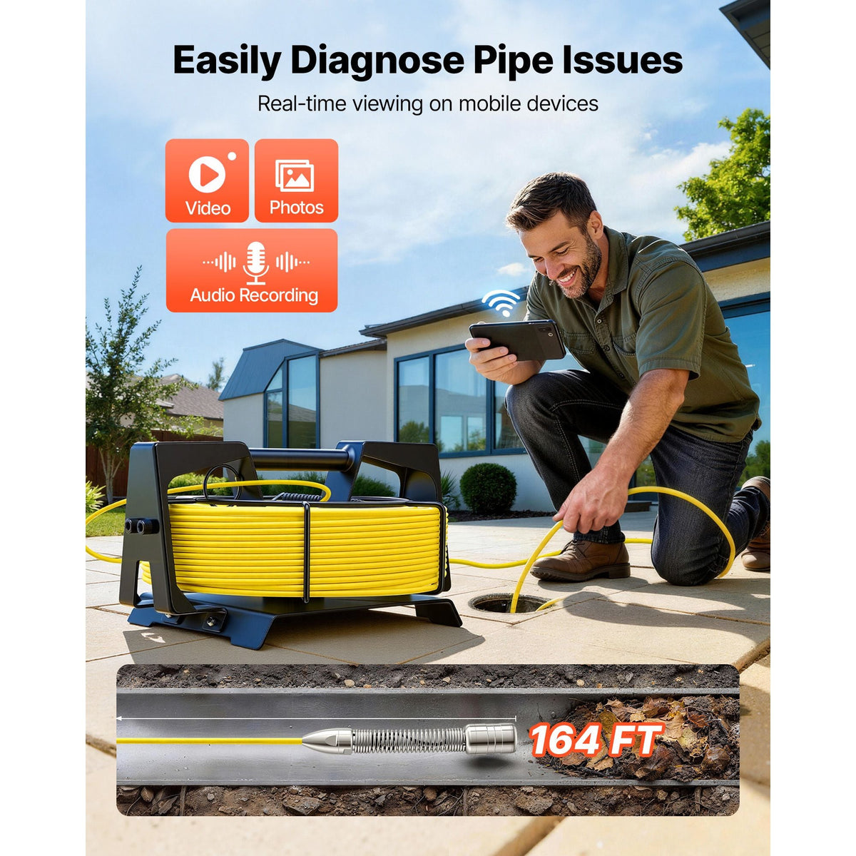 2026 Upgraded Sewer Camera with WiFi, 164ft/50m Drain Pipeline Camera, IP68 Snake Plumbing Cameras with Light - 12 LEDS, Wireless WiFi Connectivity to Phone/Tablet for Sewer Duct Pipe Inspection