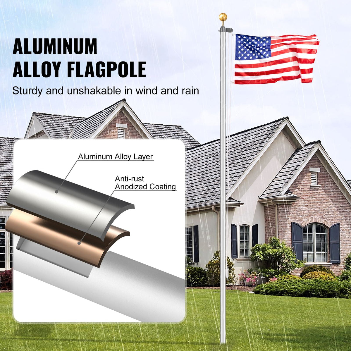 20FT Sectional Flag pole Kit, Heavy Duty Aluminum Alloy in Ground Flag poles for Outside, 3 Display Modes Flagpole with 3x5 American Flag, Professional Accessories, Silver