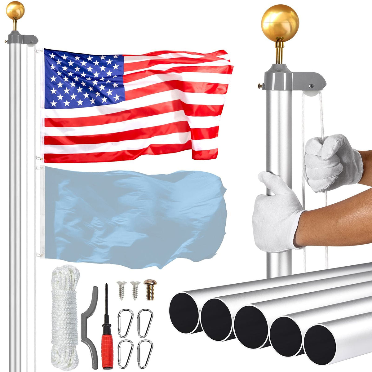 20FT Sectional Flag pole Kit, Heavy Duty Aluminum Alloy in Ground Flag poles for Outside, 3 Display Modes Flagpole with 3x5 American Flag, Professional Accessories, Silver