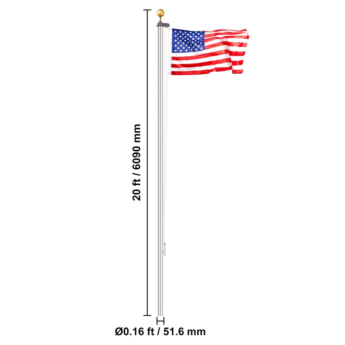 20FT Sectional Flag pole Kit, Heavy Duty Aluminum Alloy in Ground Flag poles for Outside, 3 Display Modes Flagpole with 3x5 American Flag, Professional Accessories, Silver