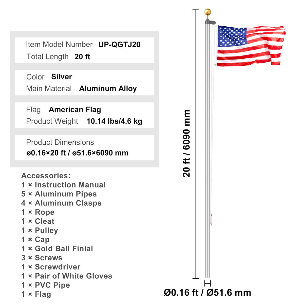 20FT Sectional Flag pole Kit, Heavy Duty Aluminum Alloy in Ground Flag poles for Outside, 3 Display Modes Flagpole with 3x5 American Flag, Professional Accessories, Silver