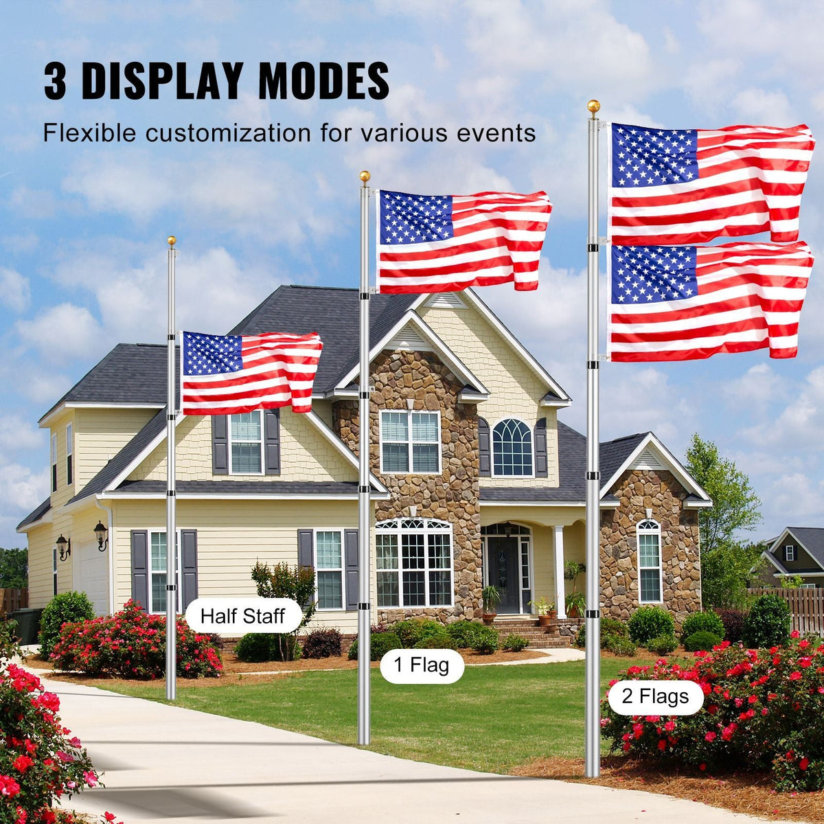 20FT Telescoping Flag pole Kit, Heavy Duty Aluminum Alloy in Ground Flag Poles for Outside, 3 Display Modes Flagpole with 3x5 American Flag, Professional Accessories, Silver