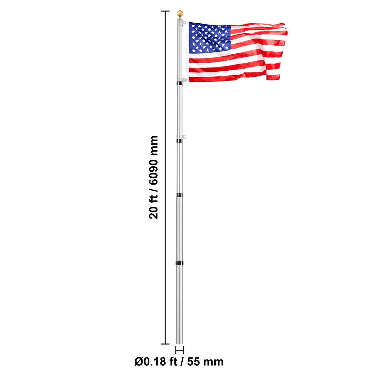 20FT Telescoping Flag pole Kit, Heavy Duty Aluminum Alloy in Ground Flag Poles for Outside, 3 Display Modes Flagpole with 3x5 American Flag, Professional Accessories, Silver