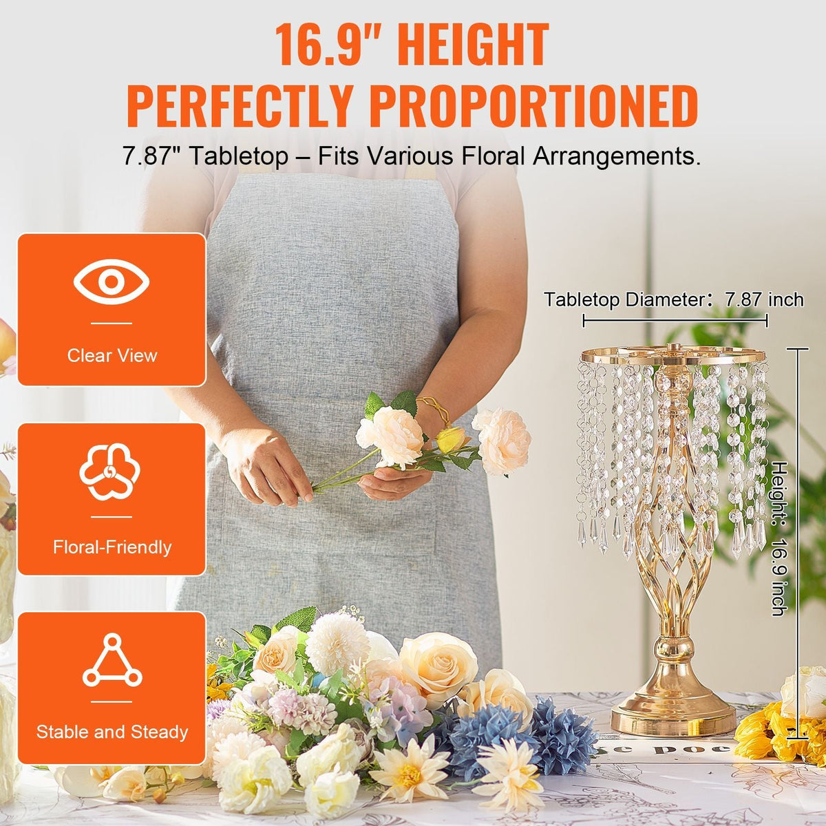 20PCS 43cm/16.9' Tall Crystal Wedding Flower Stand, Metal Wedding Centerpiece Vase, Gold Flower Holders Floral Display Rack for Tables Wedding Dinner Party, Ceremony Birthday Event Decor