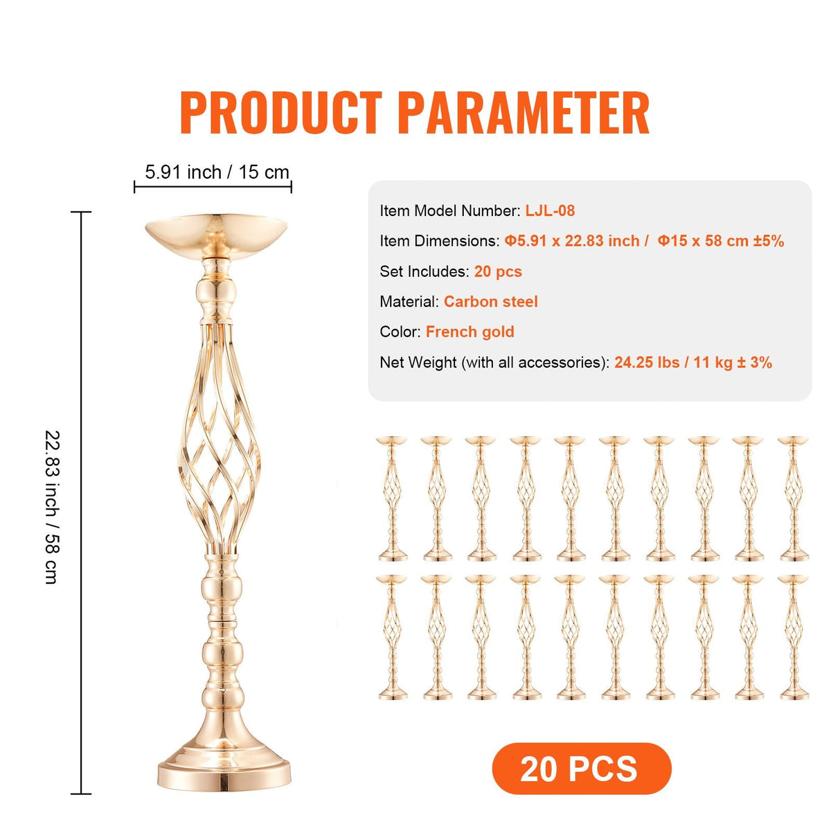 20PCS 58cm/22.83' Tall Wedding Flower Vase, Metal Wedding Centerpiece, Gold Floral Arrangement Stand Display Rack for Tables Wedding Dinner Party, Anniversary Ceremony Birthday Event Decor