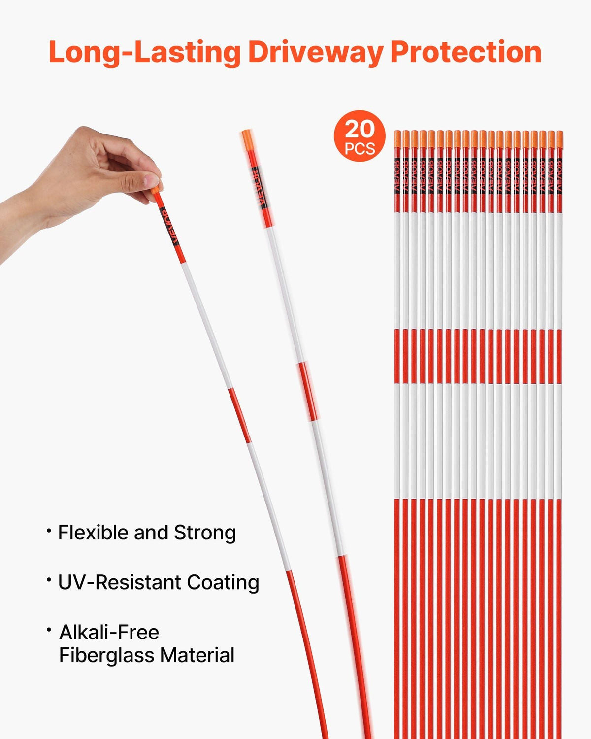 20Pcs Reflective Driveway Markers 1/4" Dia 48 in Snow Stakes Reflectors Orange