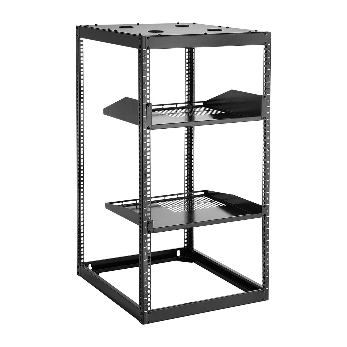 20U Open Frame Network Rack, 23 in Depth, Wall Mounted or Floor Standing Server Rack, Heavy Duty 4 Post, with Vented Shelves & Mounting Hardware, Holds All Your Networking IT Equipment AV Gear