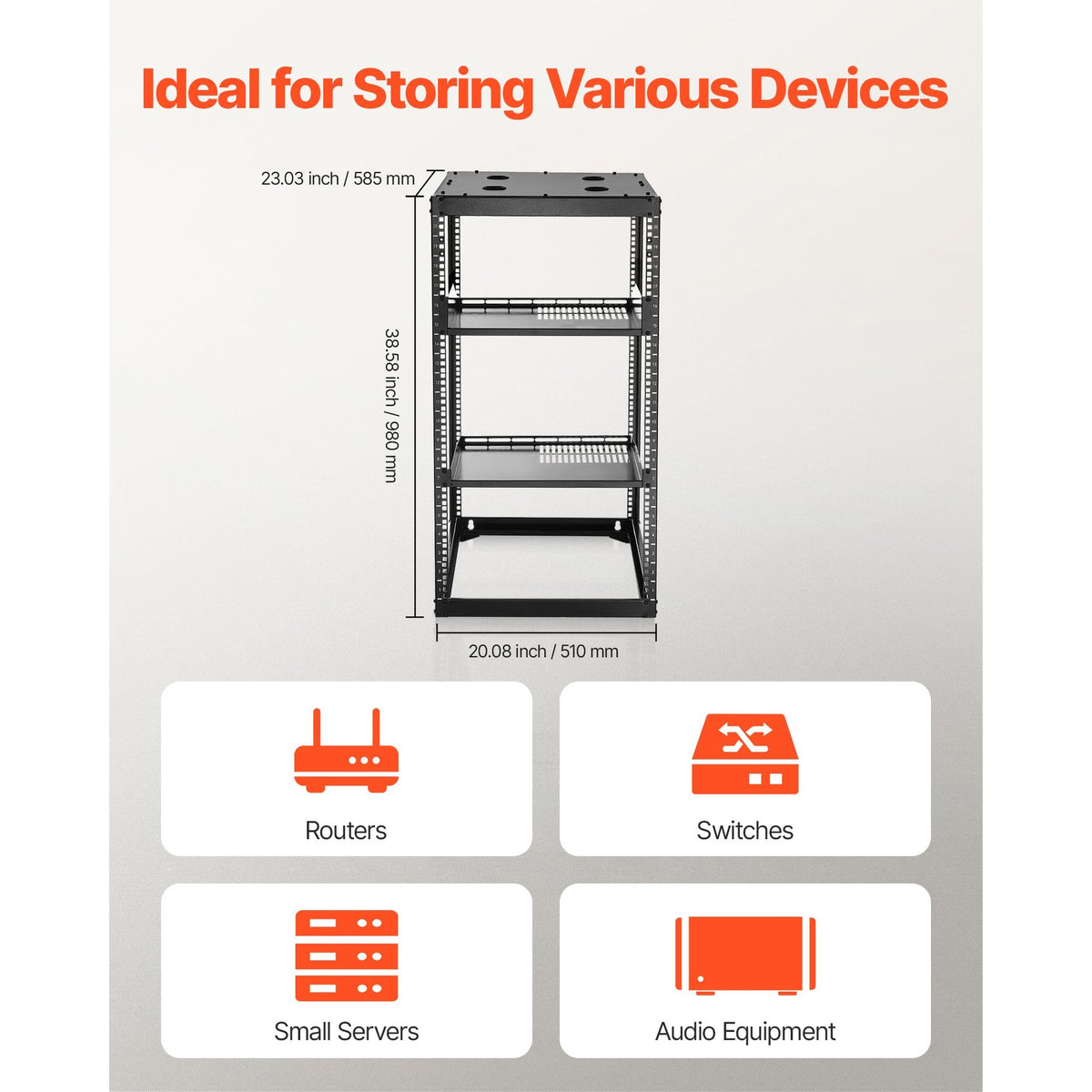 20U Open Frame Network Rack, 23 in Depth, Wall Mounted or Floor Standing Server Rack, Heavy Duty 4 Post, with Vented Shelves & Mounting Hardware, Holds All Your Networking IT Equipment AV Gear