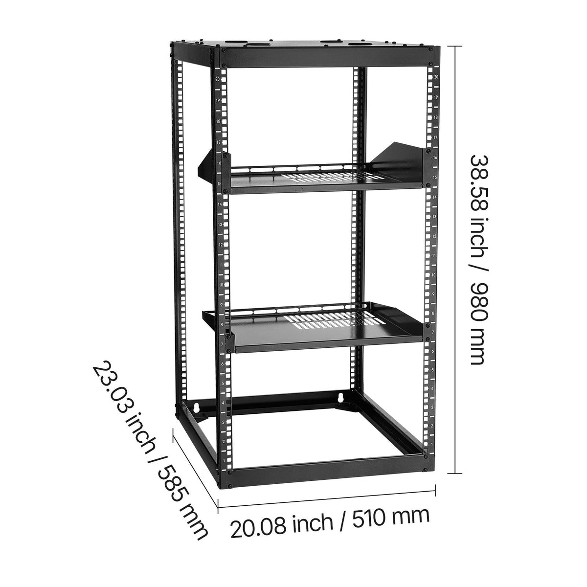 20U Open Frame Network Rack, 23 in Depth, Wall Mounted or Floor Standing Server Rack, Heavy Duty 4 Post, with Vented Shelves & Mounting Hardware, Holds All Your Networking IT Equipment AV Gear