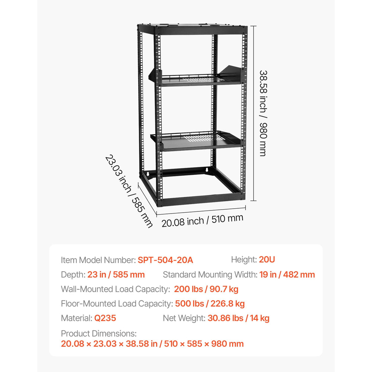 20U Open Frame Network Rack, 23 in Depth, Wall Mounted or Floor Standing Server Rack, Heavy Duty 4 Post, with Vented Shelves & Mounting Hardware, Holds All Your Networking IT Equipment AV Gear