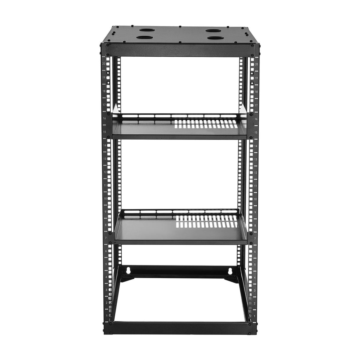 20U Open Frame Network Rack, 23 in Depth, Wall Mounted or Floor Standing Server Rack, Heavy Duty 4 Post, with Vented Shelves & Mounting Hardware, Holds All Your Networking IT Equipment AV Gear