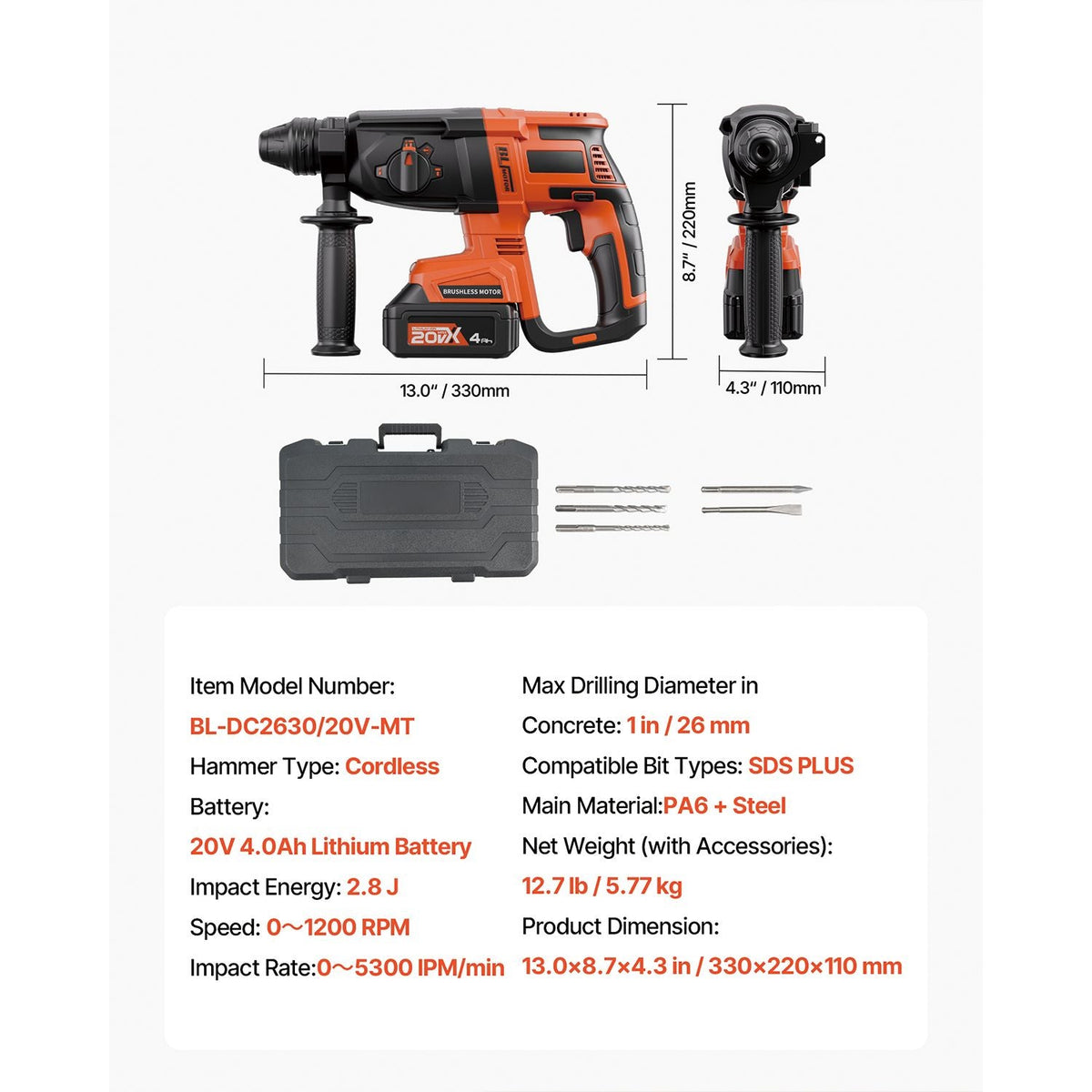 20V Brushless Cordless Hammer Drill, Lithium-Ion 1 Inch Rotary Hammer Driver, SDS-Plus Electric Lightweight Power Tool Kit with Battery and Charger, 4 Functions, 1200 RPM, 5300 BPM