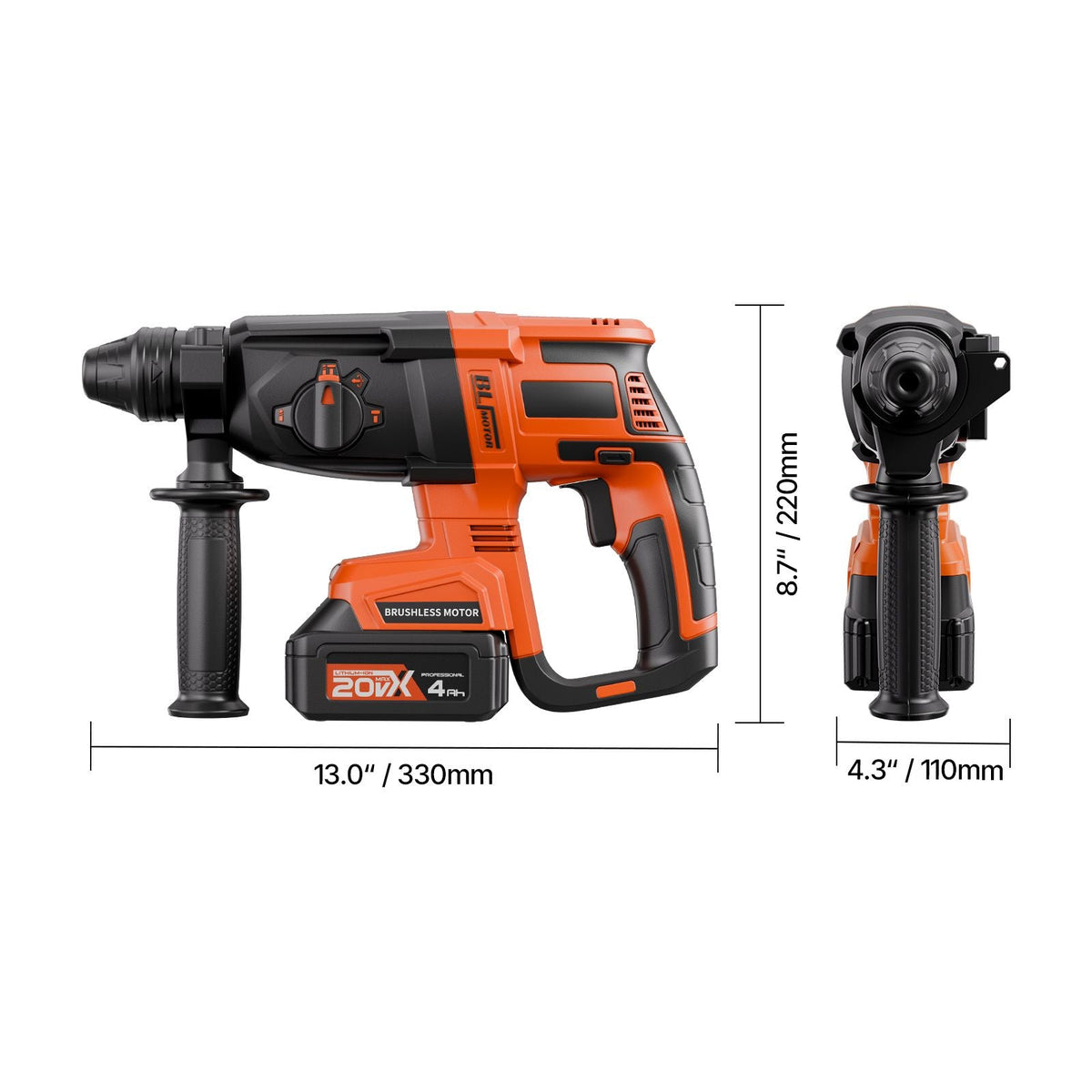 20V Brushless Cordless Hammer Drill, Lithium-Ion 1 Inch Rotary Hammer Driver, SDS-Plus Electric Lightweight Power Tool Kit with Battery and Charger, 4 Functions, 1200 RPM, 5300 BPM