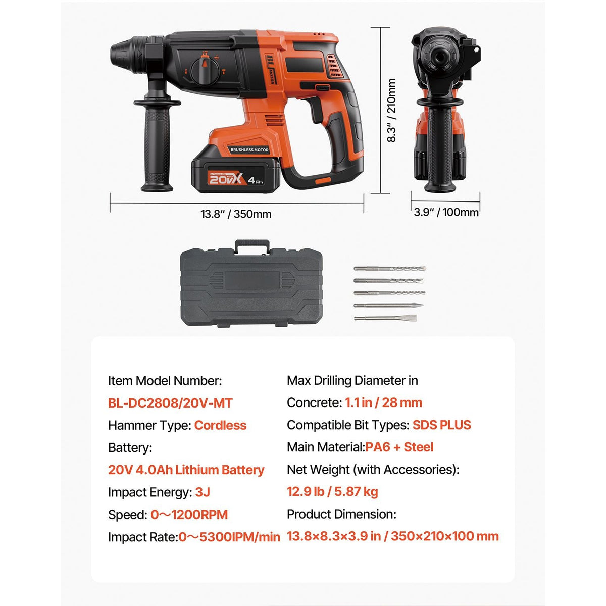 20V Brushless Cordless Hammer Drill, Lithium-Ion 1.1 Inch Rotary Hammer Driver, SDS-Plus Electric Lightweight Power Tool Kit with Battery and Charger, 4 Functions, 1200 RPM, 5300 BPM