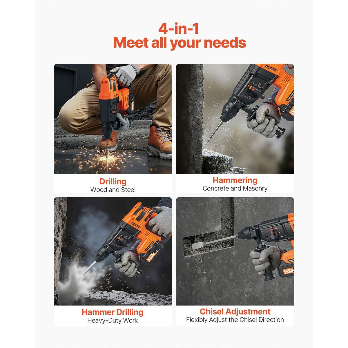20V Brushless Cordless Hammer Drill, Lithium-Ion 1.1 Inch Rotary Hammer Driver, SDS-Plus Electric Lightweight Power Tool Kit with Battery and Charger, 4 Functions, 1200 RPM, 5300 BPM