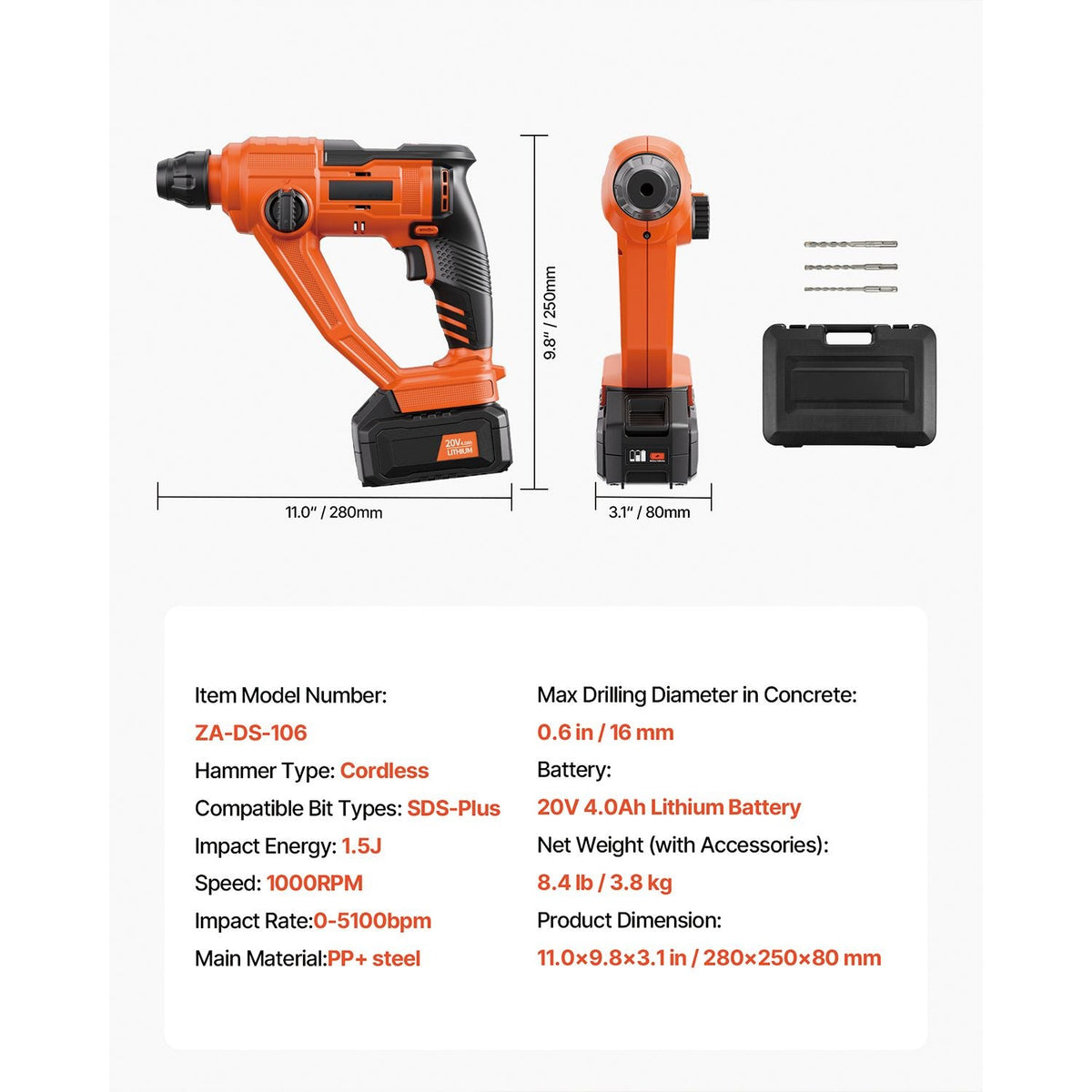 20V Cordless Hammer Drill, Lithium-Ion 0.6 Inch Rotary Hammer Driver, SDS-Plus Electric Lightweight Power Tool Kit with Battery and Charger, 2 Functions, 1000 RPM, 5100 BPM