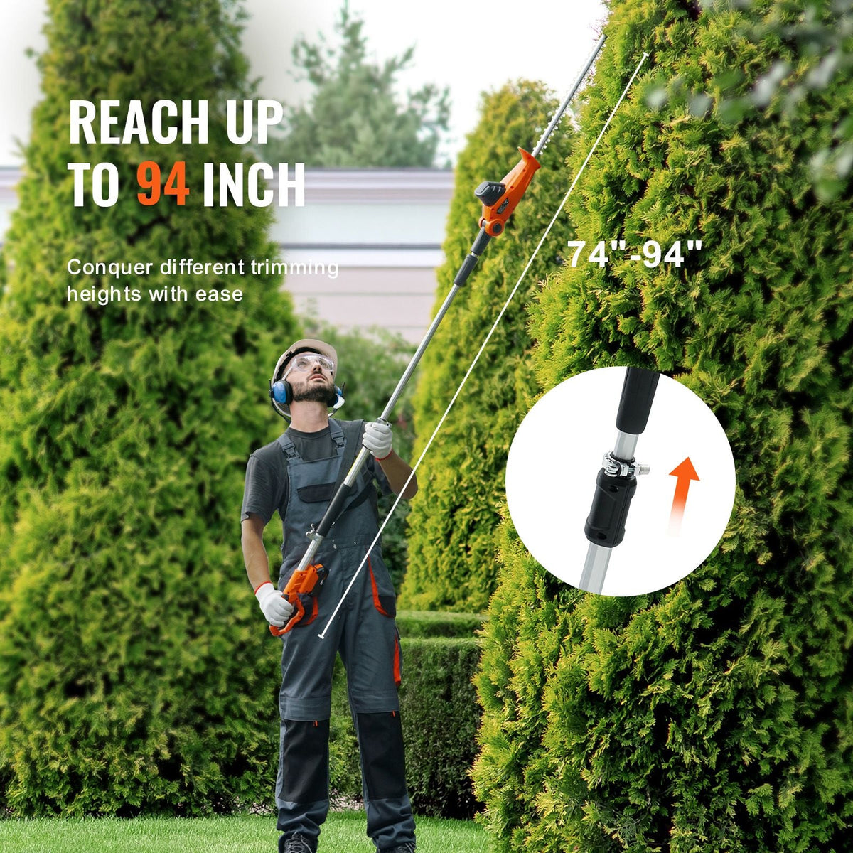 20V Cordless Hedge Trimmer, 18 inch Double-edged Steel Blade, Pole Hedge Trimmer Kit 20V Battery, Fast Charger Included, 74"-94" Telescoping Design for High Branches