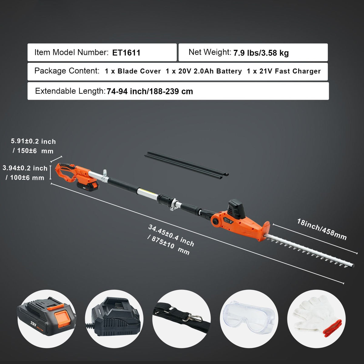 20V Cordless Hedge Trimmer, 18 inch Double-edged Steel Blade, Pole Hedge Trimmer Kit 20V Battery, Fast Charger Included, 74"-94" Telescoping Design for High Branches