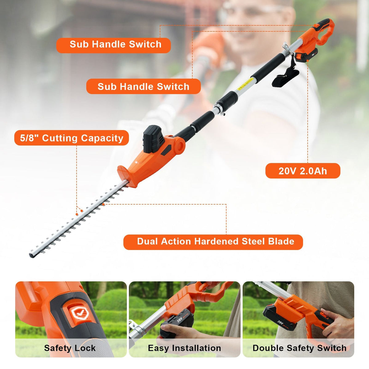 20V Cordless Hedge Trimmer, 18 inch Double-edged Steel Blade, Pole Hedge Trimmer Kit 20V Battery, Fast Charger Included, 74"-94" Telescoping Design for High Branches